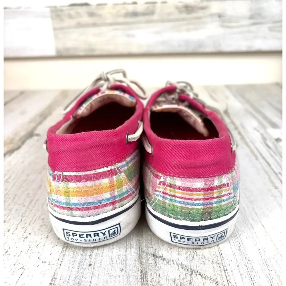 Sperry Womens 10 Pink Pastel Plaid Sequin Boat Shoes Coastal Chic